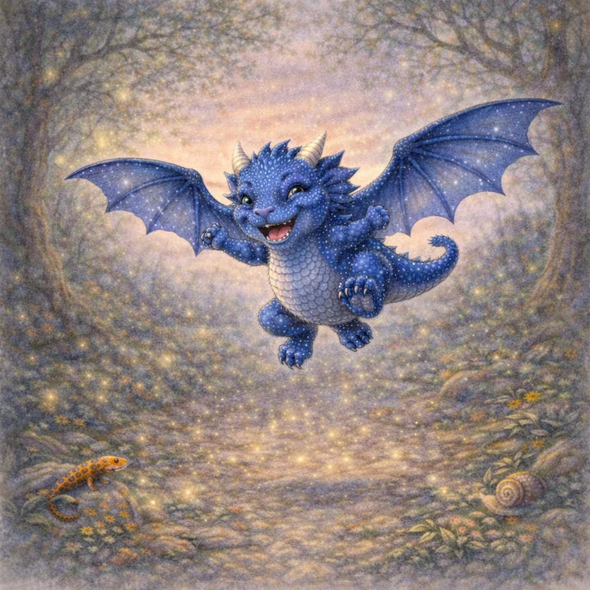 Der kleine blaue Drache Ferox fliegt mutig durch den Zauberwald
