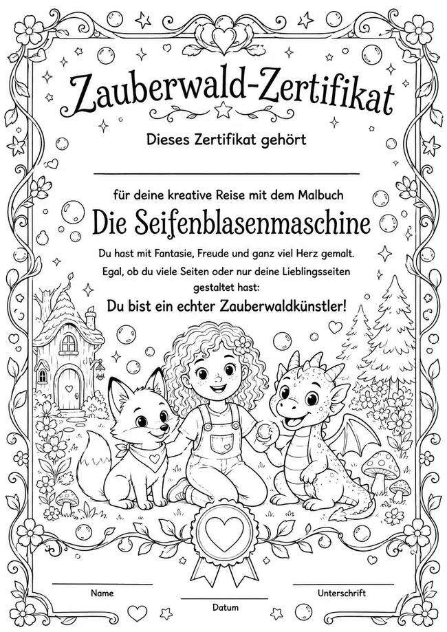 Zauberwald-Zertifikat aus dem Malbuch
